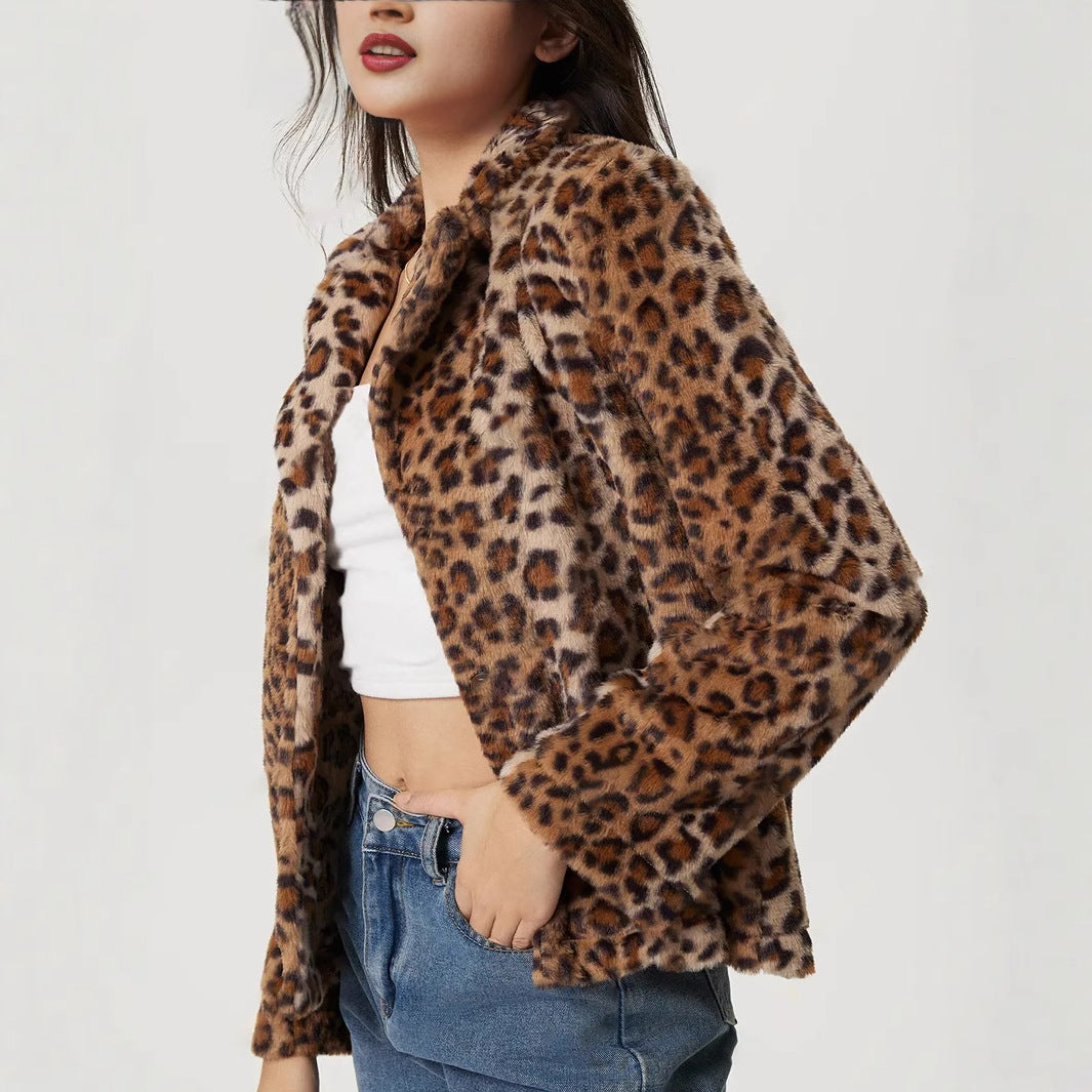Women's Buckle Lapel Thickening Leopard Print Coat