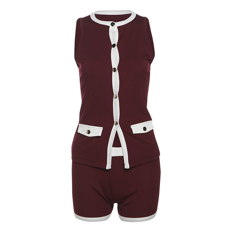 Single-breasted Cover Pocket Design Color Matching Top Tight Shorts Two-piece Set