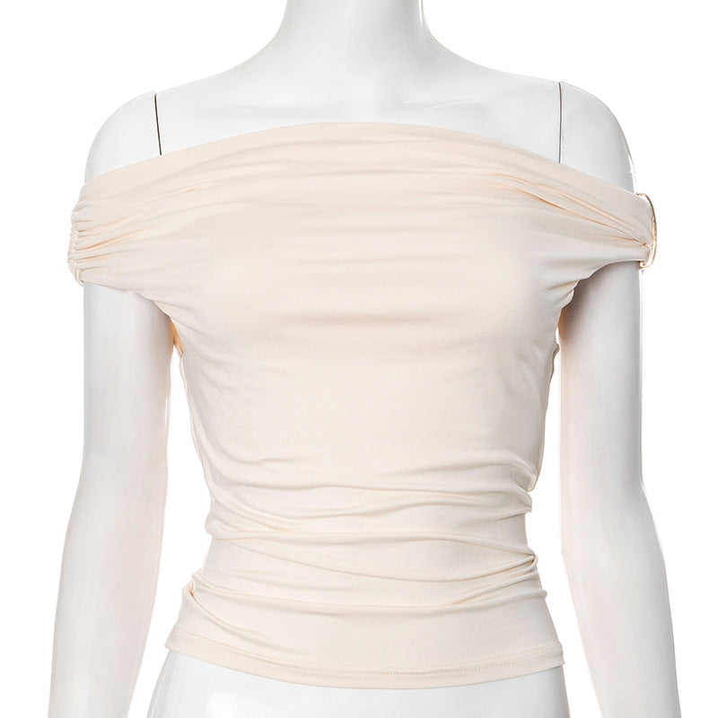 Women's Solid Color Pleated Off-shoulder Slim Off-shoulder Top