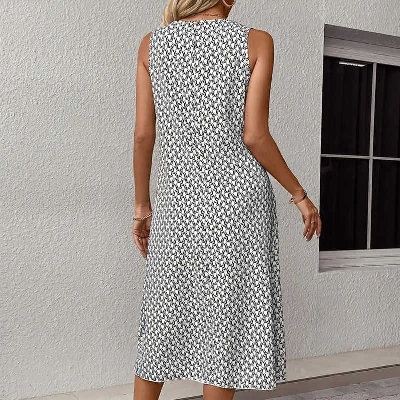 Women's Round Neck Sleeveless Printed Mid-length Dress