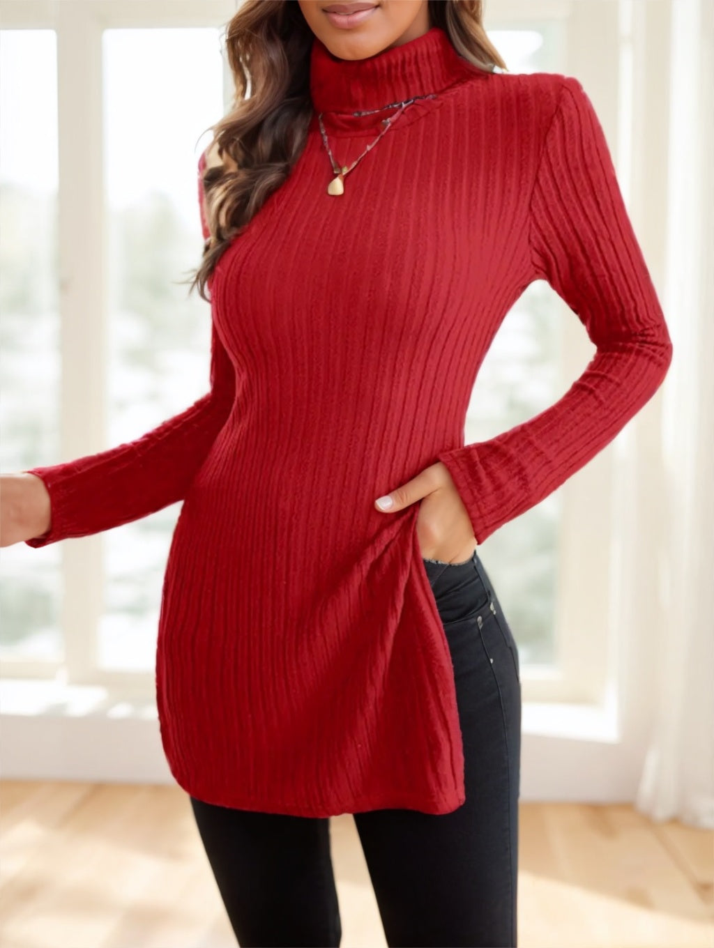 Women's Elegant High-Neck Ribbed Sweater