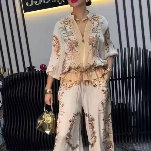 Three-dimensional Printed Flowers Baseball Uniform Drawstring Trousers Two-piece Set