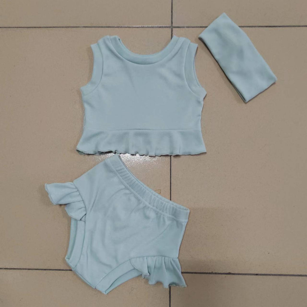 Infant Simple Summer Top And Bottom Headscarf Three-piece Set