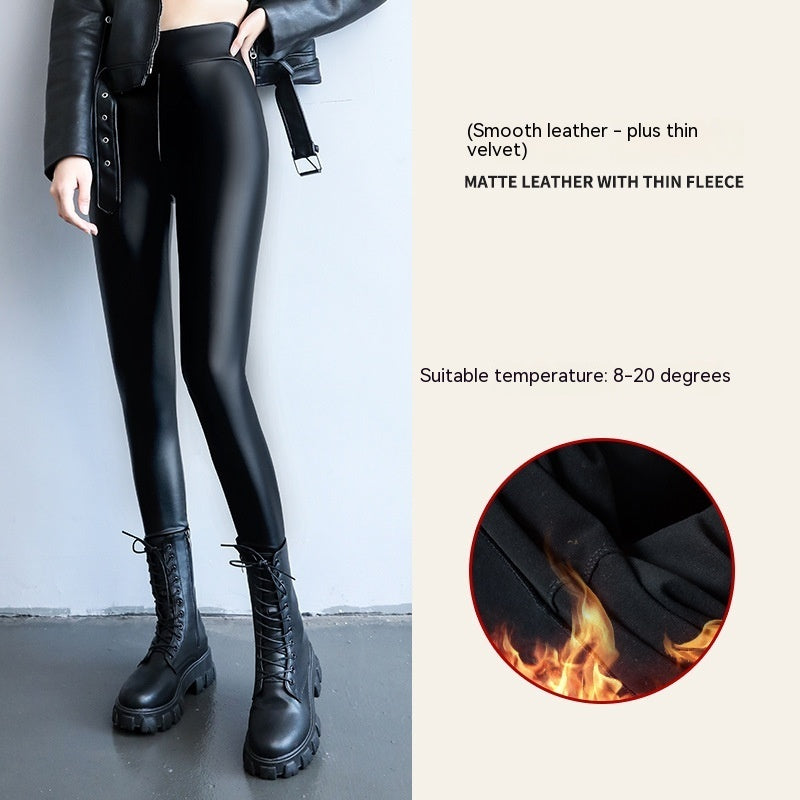 PU Fleece-lined High Waist Slimming Windproof Waterproof Leggings