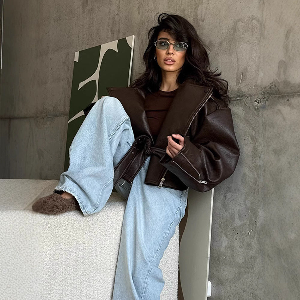 Lady Temperament Short Lace Up Leather Coat