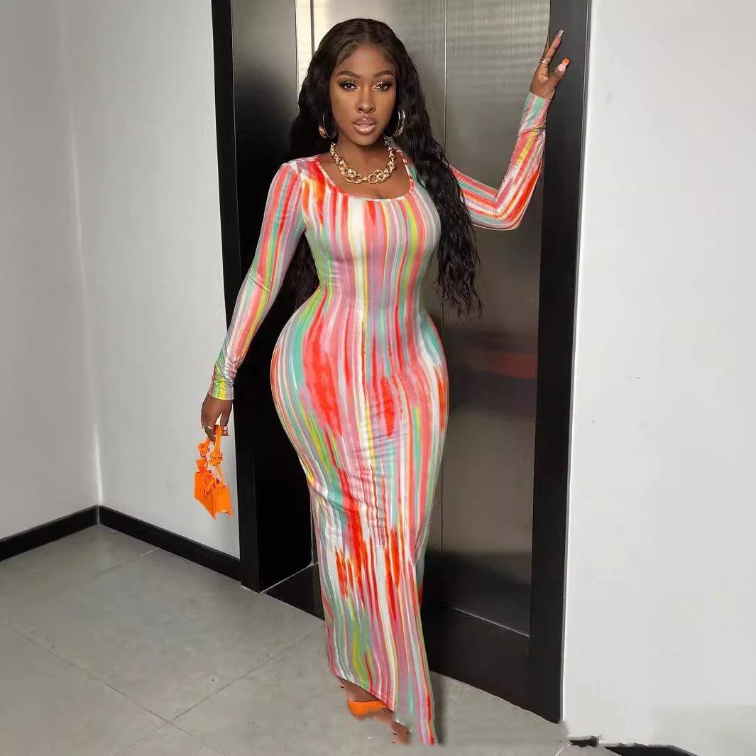 Printing Temperament Commute Long Sleeve Dress Foreign Trade