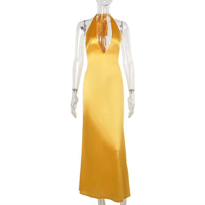 Elegant Sexy Slim Deep V Halter Strap Satin Dress