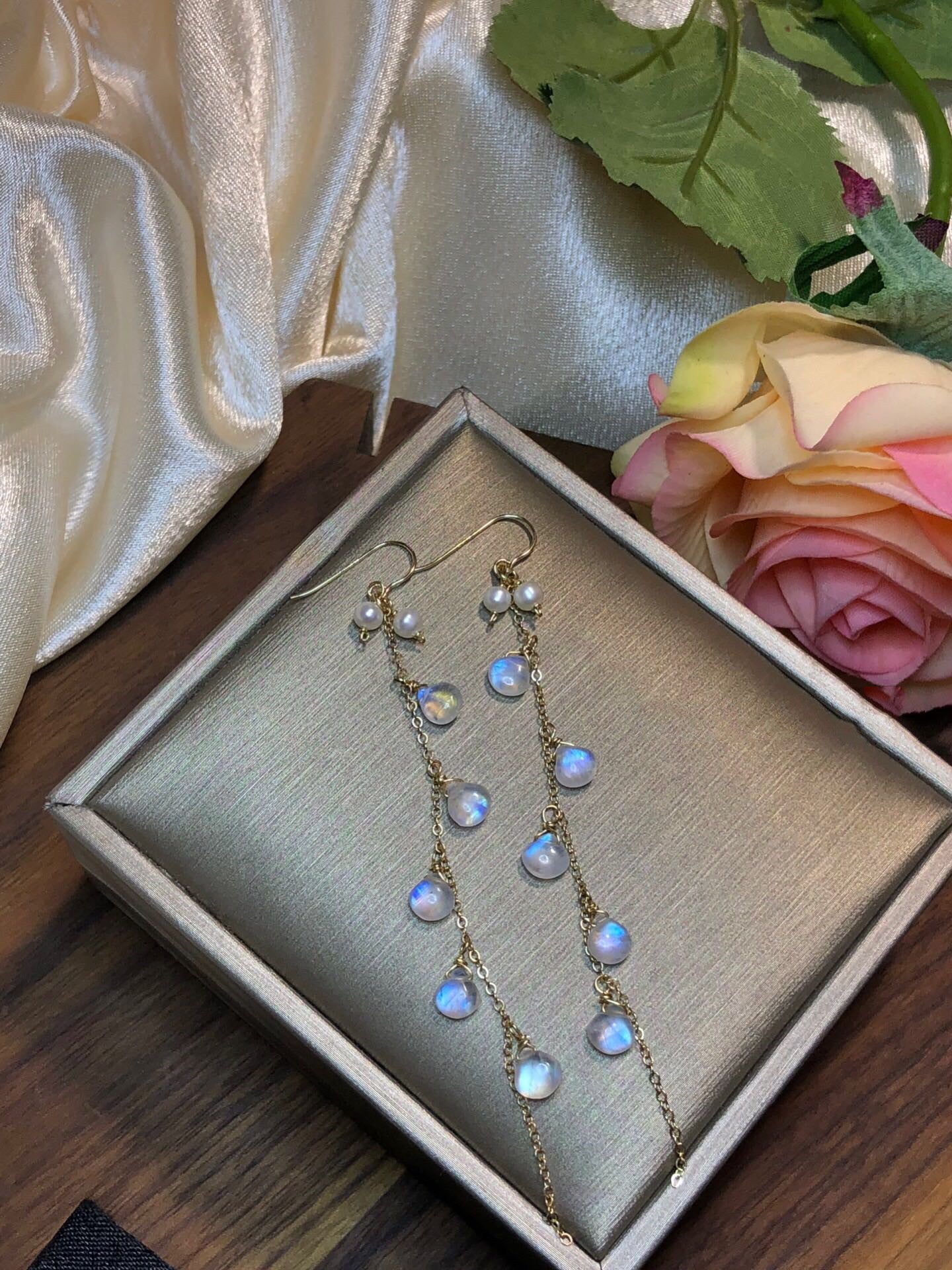 Moonlight Stone Wrapped Vintage Tassel 14k Earrings