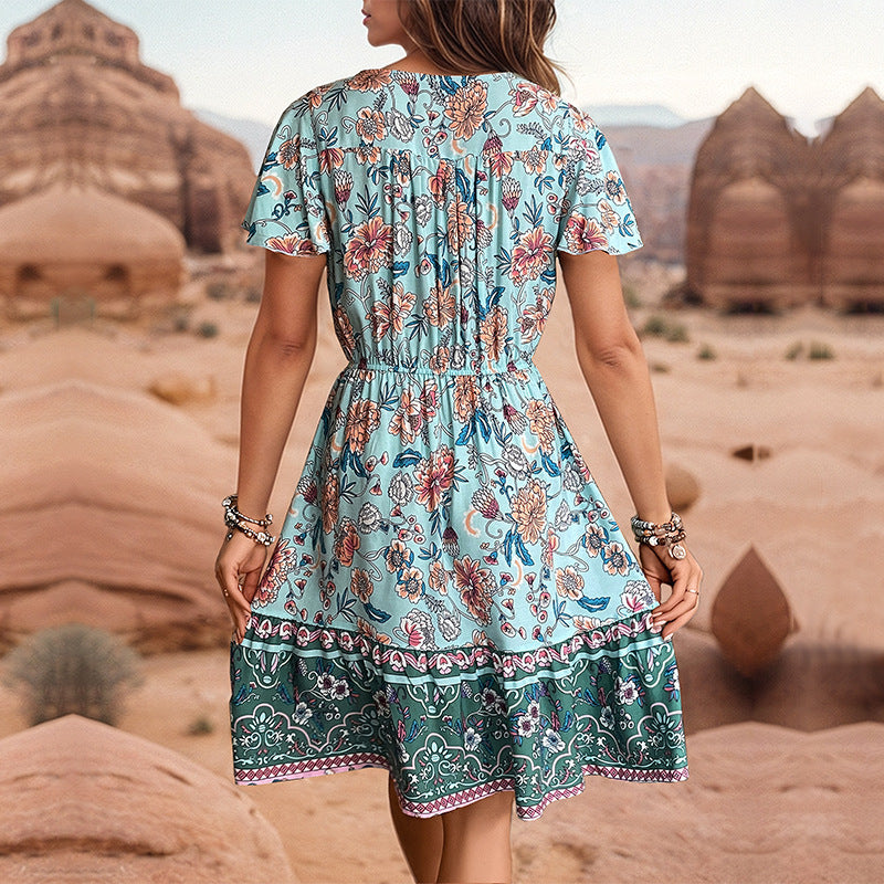 Women's Fashion Short Sleeve V-neck Boho Dress