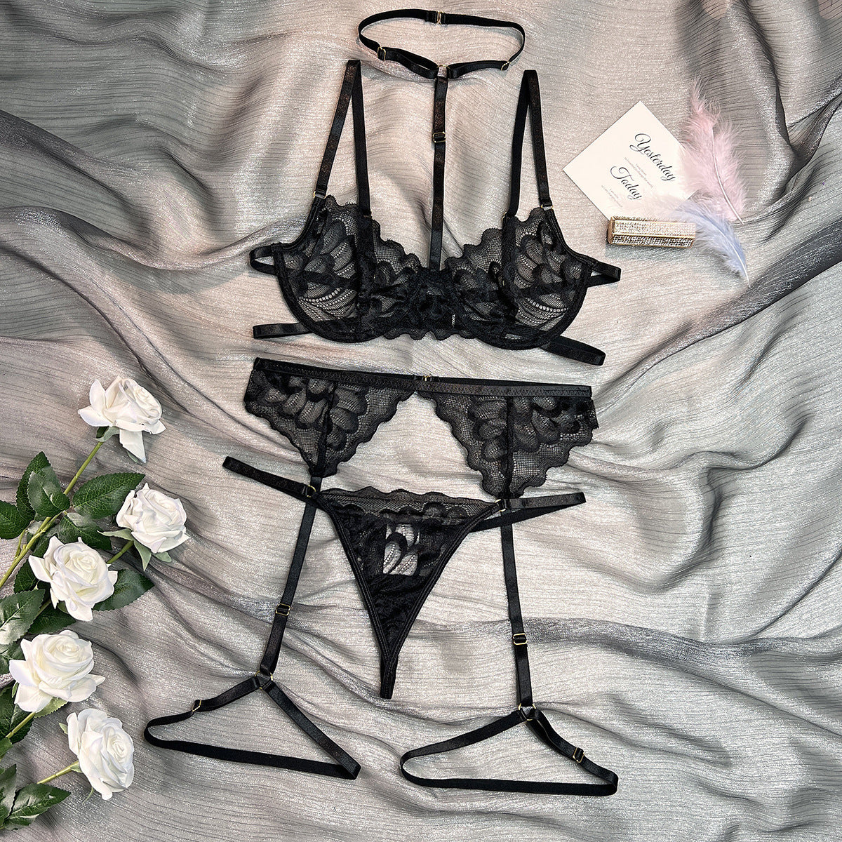 Underwear Lace Halter Basic Three-piece Set