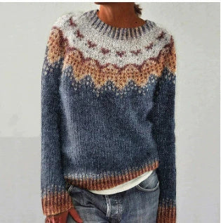 Thick Needle Fabric Printed Women's Round Neck Sweater