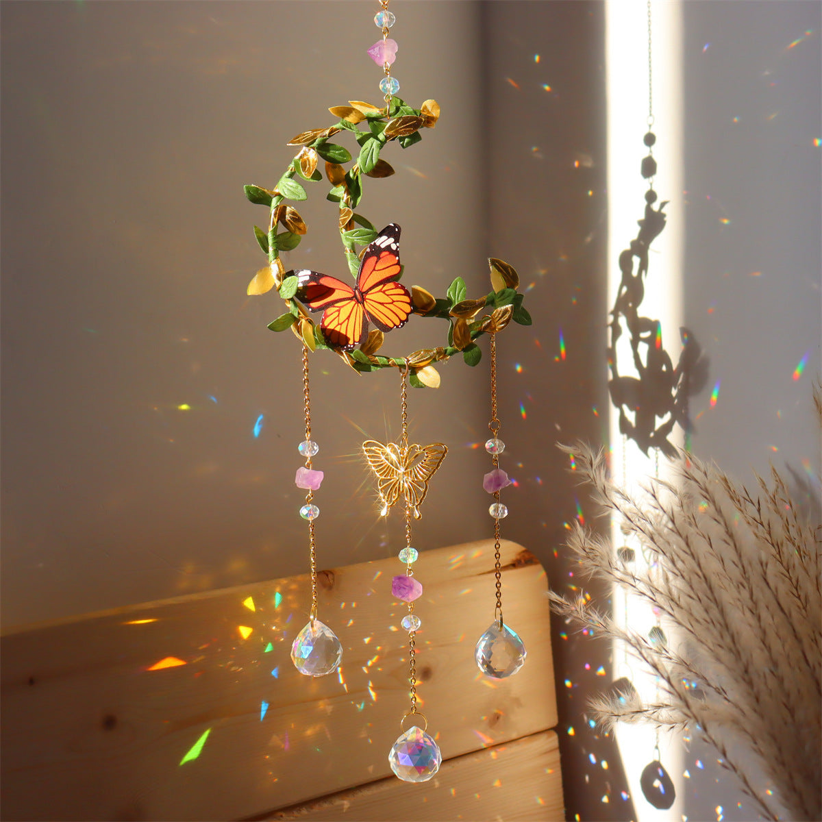 Natural Crystal Leaf Flower Butterfly Leaves Moon Wind Chimes Sun Catcher Pendant