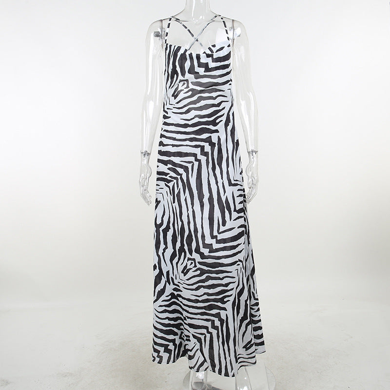 Resort Personality Zebra Print Temperament Slit Slip Dress