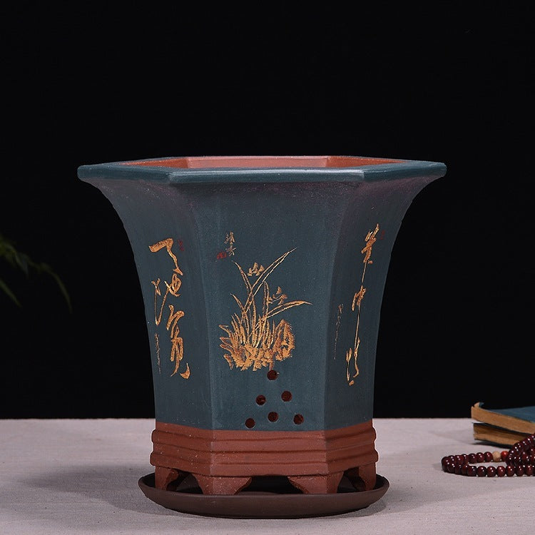 Fine Zisha Flowerpot Hand-carved Hexagonal