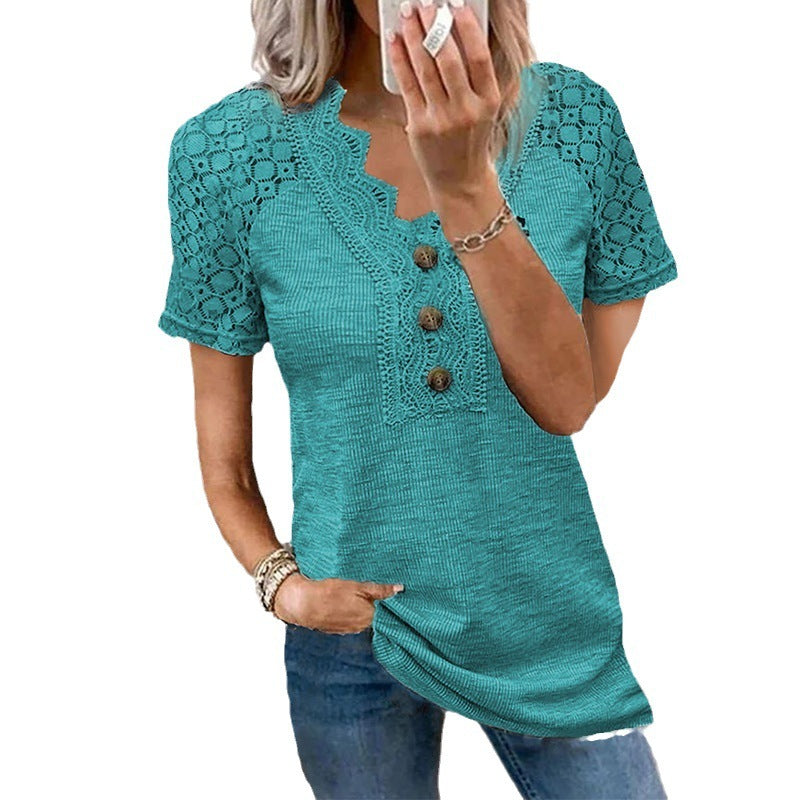 Casual Solid Color Lace V-neck Patchwork Top T-shirt With Short Sleeves