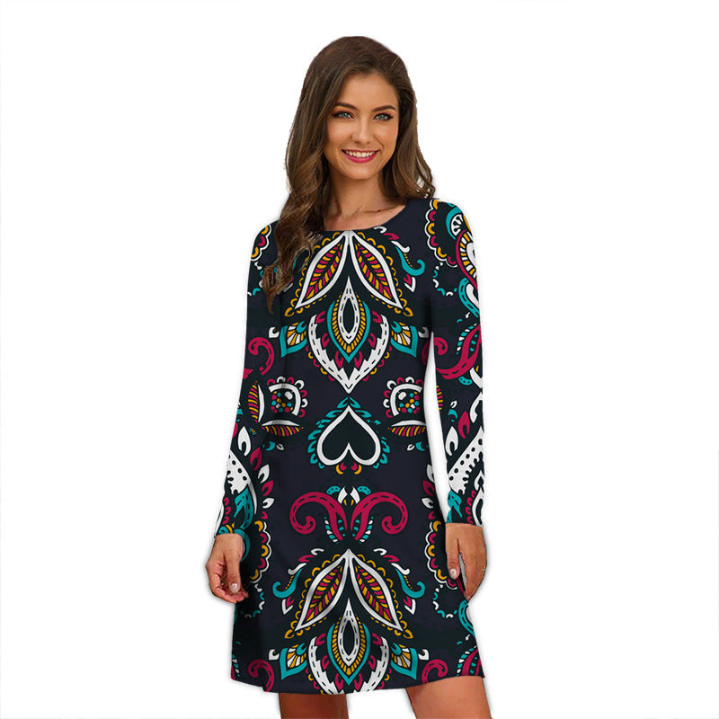 Round Neck Printed Temperament Slimming Small Long Sleeve Dress