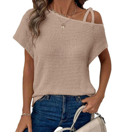 Women's Short-sleeved Solid Color Top Fashionable All-match Off-shoulder Knitted T-shirt
