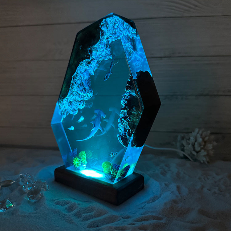 Hammerhead Shark Ocean Small Night Lamp Solid Wood Epoxy Ornament Decoration