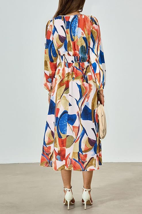 Spring NEW Long Casual Long Sleeve V-neck Printed Beach Long Flowy Dress