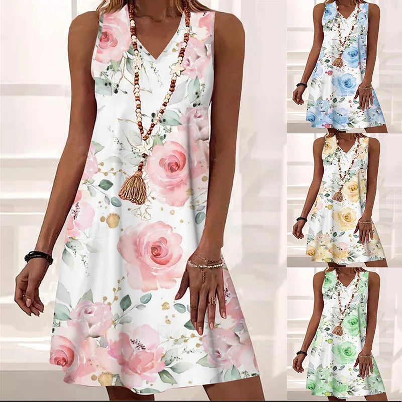 Loose V-neck Pullover Sleeveless Printed Mid-length Dress