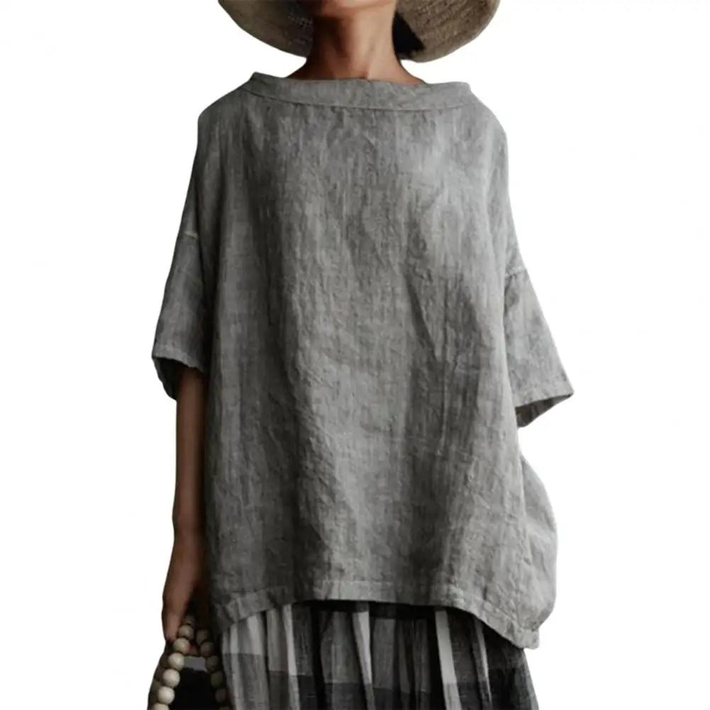 New Cotton And Linen Style Solid Color Loose Women's Wear T-Shirt