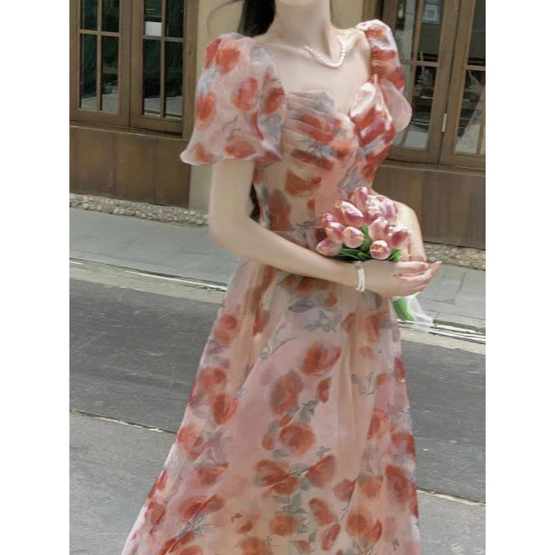 Square-neck Cinched Slimming Floral Dress