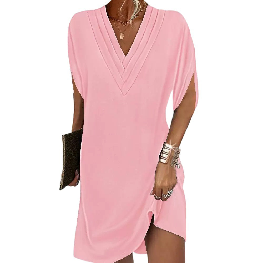 Women's V-neck Pleated Batwing Sleeve Dress