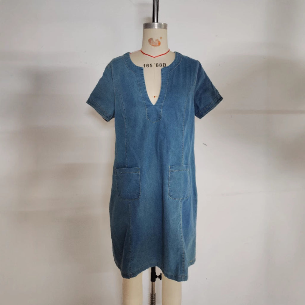 Women's V-neck Pleated Short-sleeved Dress