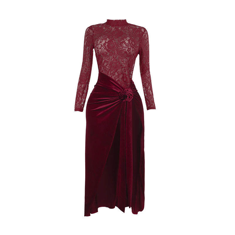 Sexy Slim-fitting Patchwork Lace Velvet Dress