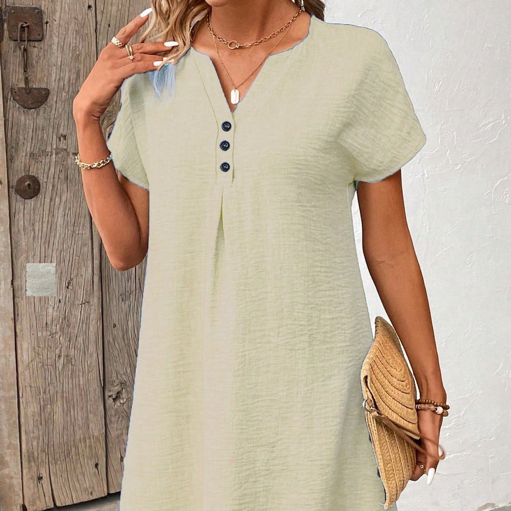 Solid Color Casual V-neck Dress Button