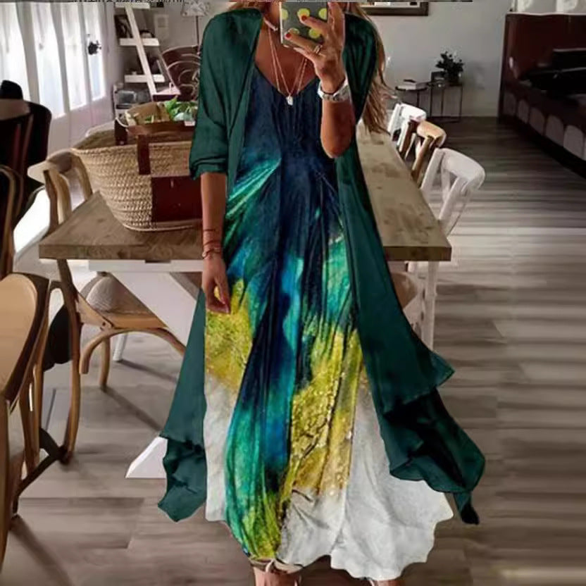 Two Piece Set Of Half Sleeved Printed Casual Retro Sexy Dress