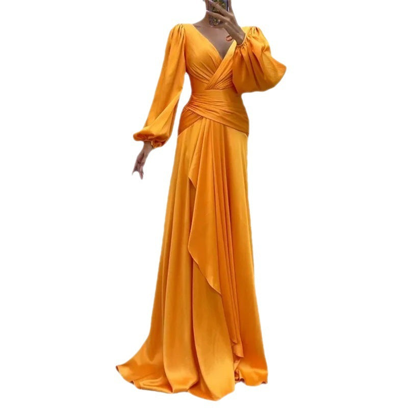 Fitted Waist Pleated Long Sleeve Temperament Slimming Dress