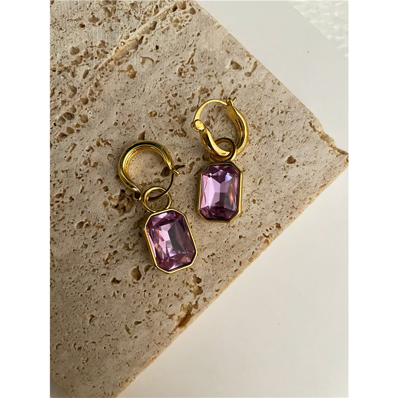 French Pastoral Vintage Antique Brass Color Stone Earrings Women