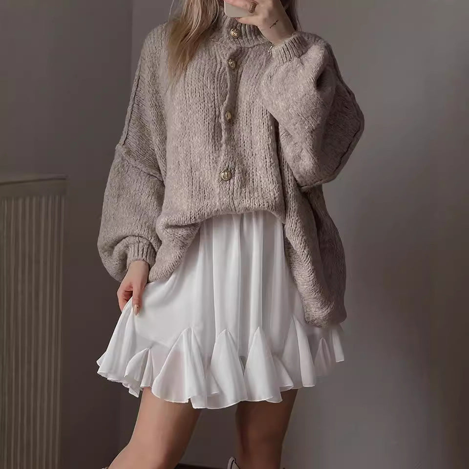 Autumn And Winter Solid Color British Style Vintage Button Cardigan Batwing Sleeve Sweater Coat