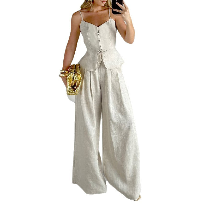 Fashion Suspenders Vest High Waist Wide Leg Pants Two-piece Set