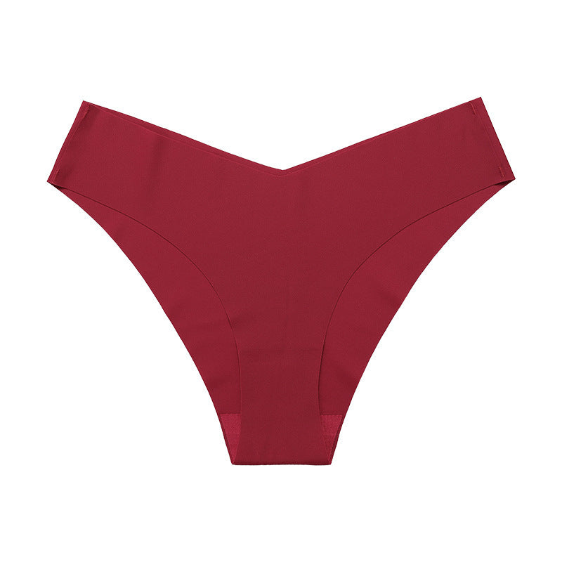 Seamless Ice Silk Underwear For Women With V-shaped Waistband. One-piece Pure Cotton Crotch Breathable Women's Briefs.