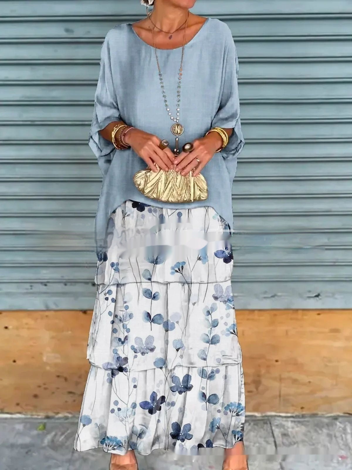 Women's Chiffon Mesh Batwing Sleeve Round-neck Long Dress