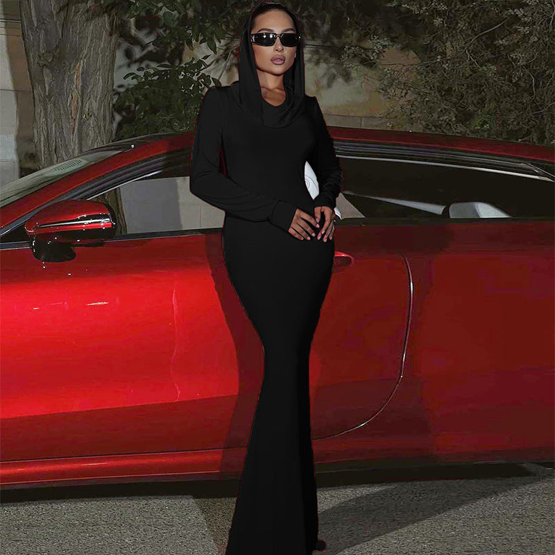 Solid Color Slim-fit Hood Long Sleeve Dress