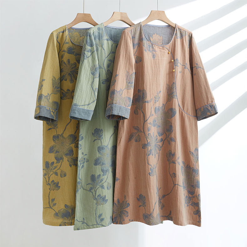Women's Cotton Ancient Chinese Style Diagonal Double-layer Gauze Jacquard Long-sleeved Home Nightdress