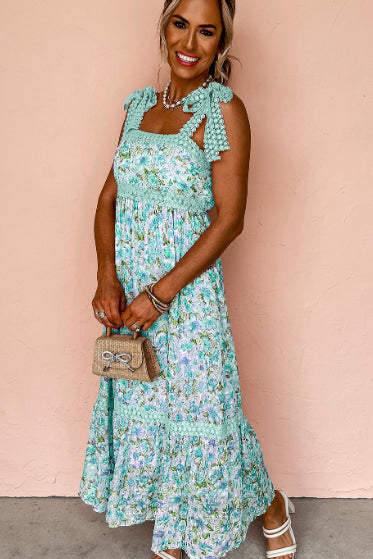 Green Floral Lace Tied Strap Empire Waist Maxi Dress