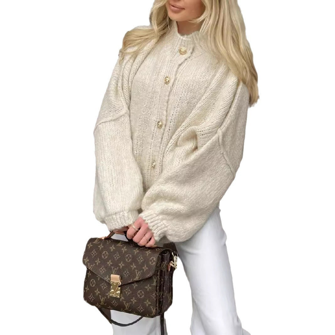 Autumn And Winter Solid Color British Style Vintage Button Cardigan Batwing Sleeve Sweater Coat