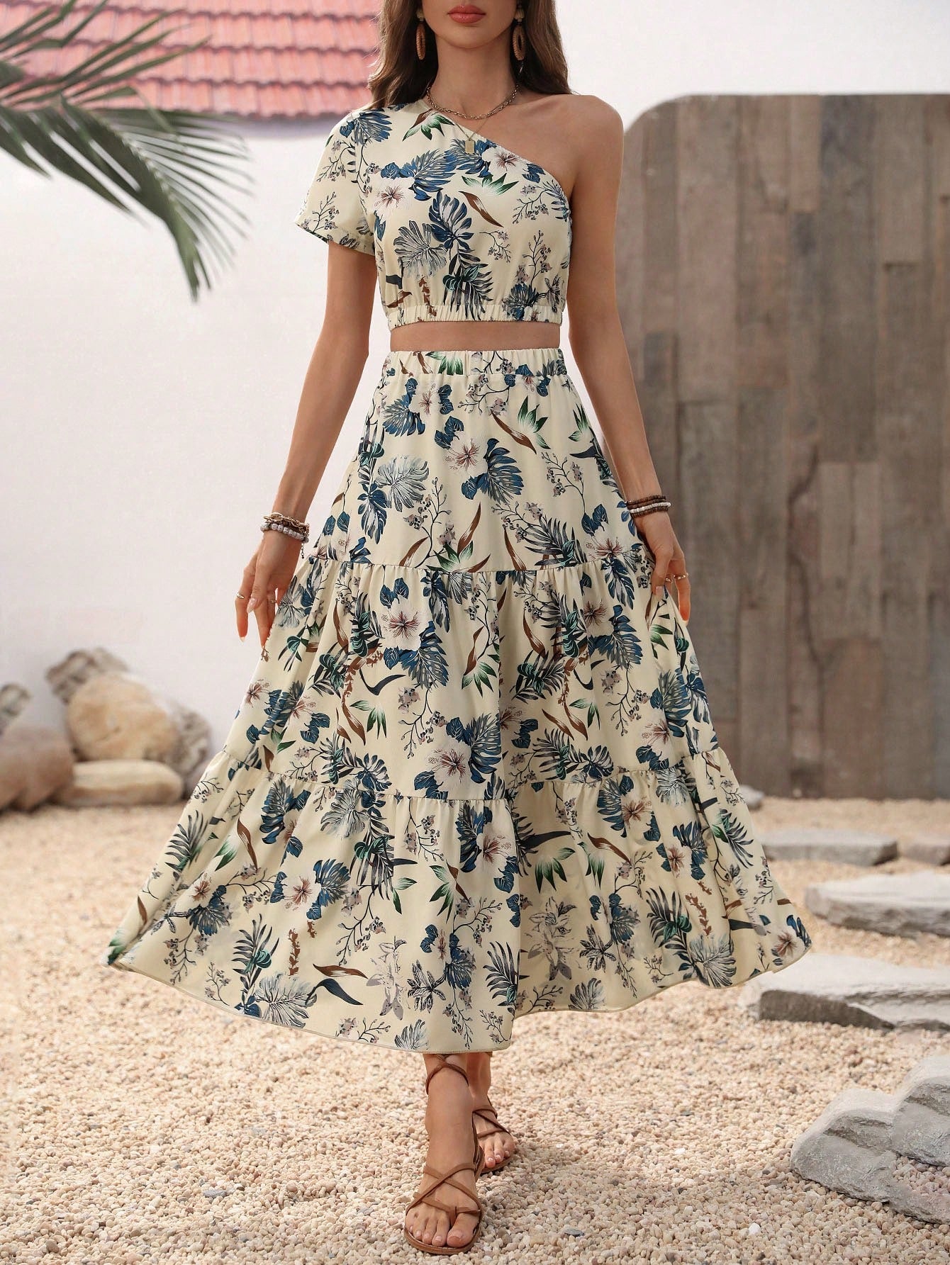 Print Crop One Shoulder Blouse & Ruffle Hem Skirt