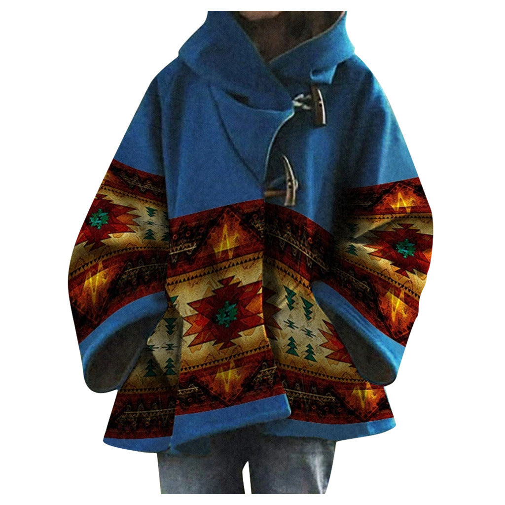 Winter New Women's Loose Retro Printed Woolen Coat