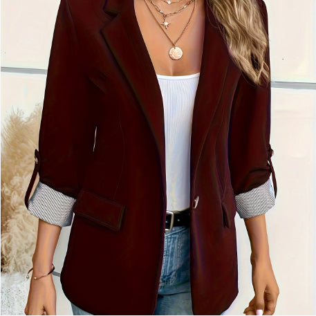 Casual Button Suit Slim-fit Cropped Roll-up Sleeve Suit Jacket For Women