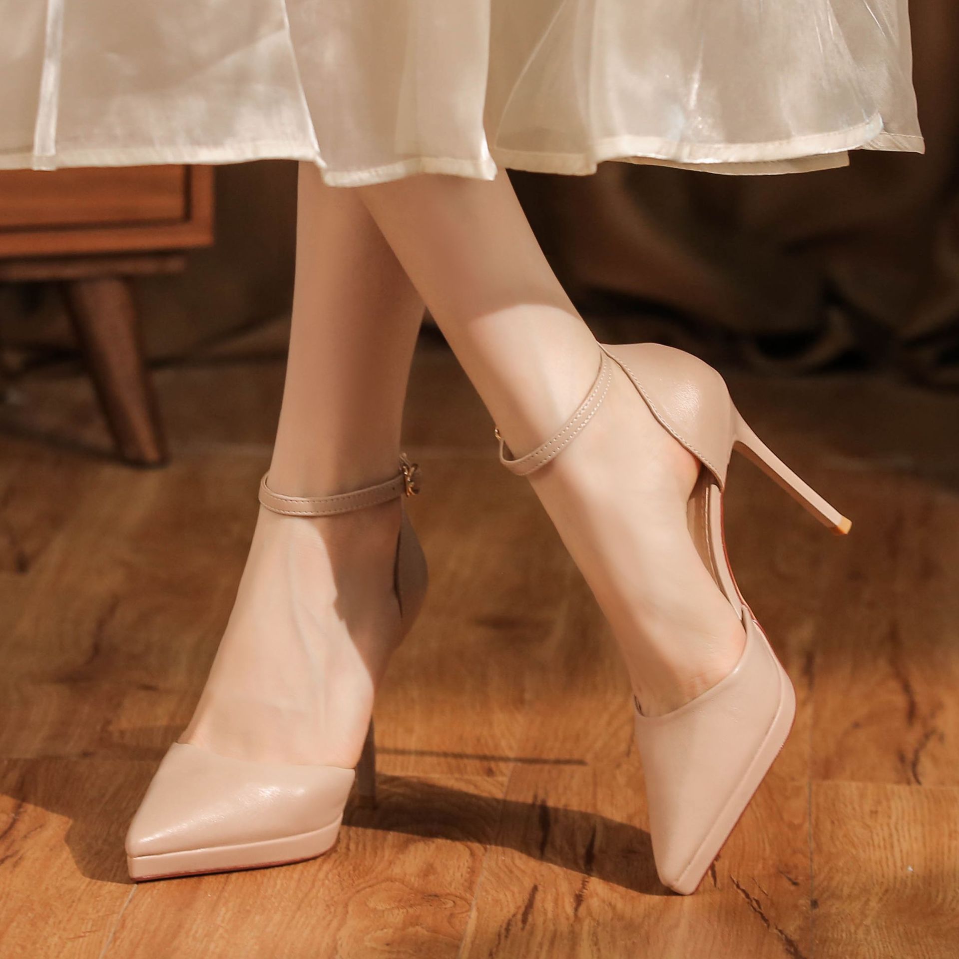 Leather Ankle-strap Stilettos High Heels