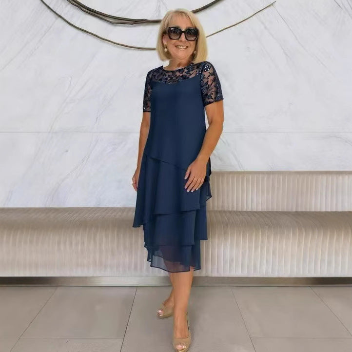 Lace Stitching 34 Sleeve Mid-length Knee-length Chiffon