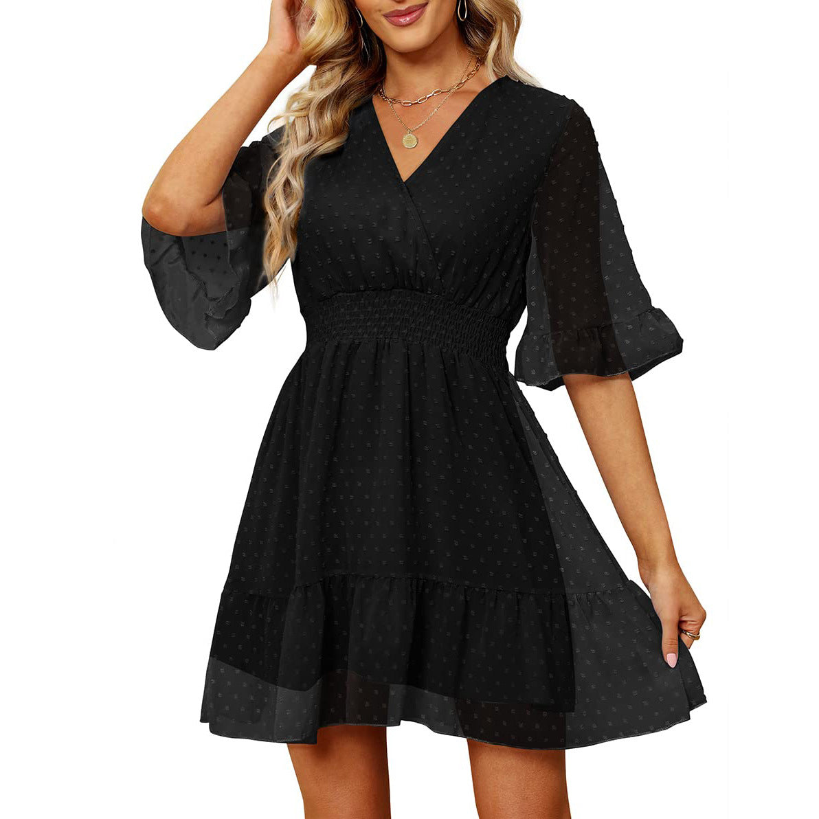 Women's New Solid Color Chiffon Jacquard Bell Sleeve Smocking Elastic Waist Dress