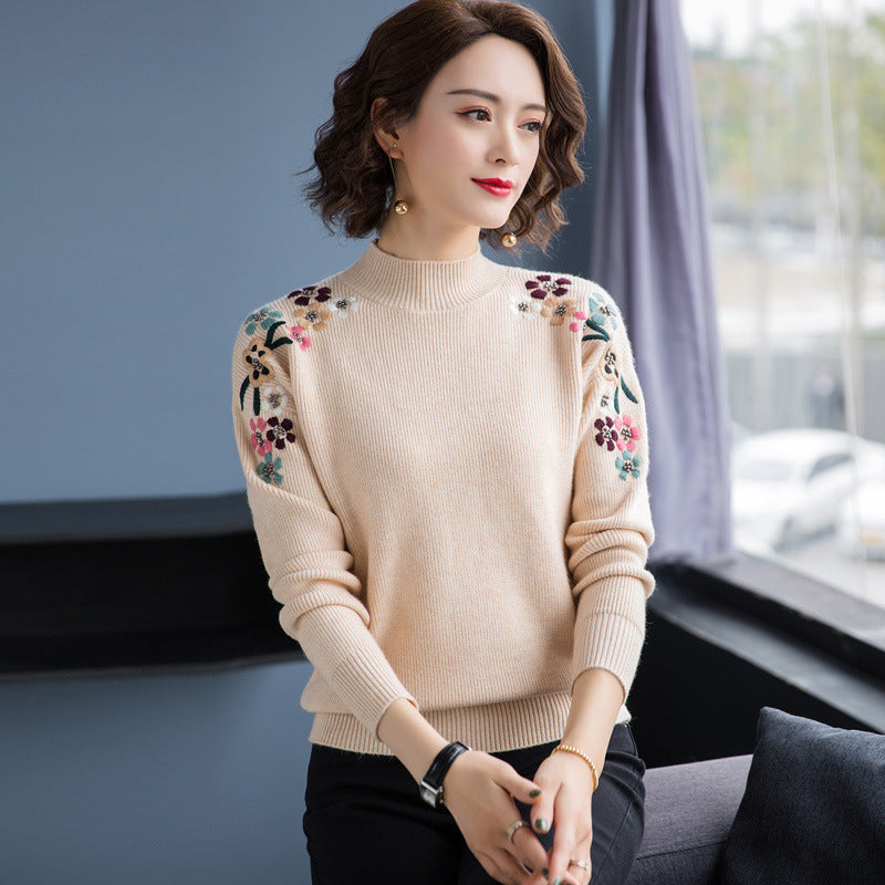 Knitted Pullover Sweater Female Loose Mock Neck