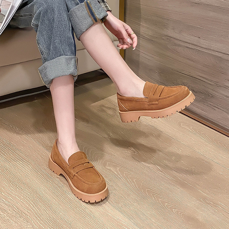 Loafers Comfort And Casual Matte Cowhide British Style Women's Shoes Chunky Heel Platform Slip-on Retro