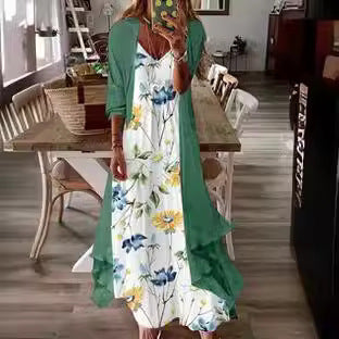 Two Piece Set Of Half Sleeved Printed Casual Retro Sexy Dress